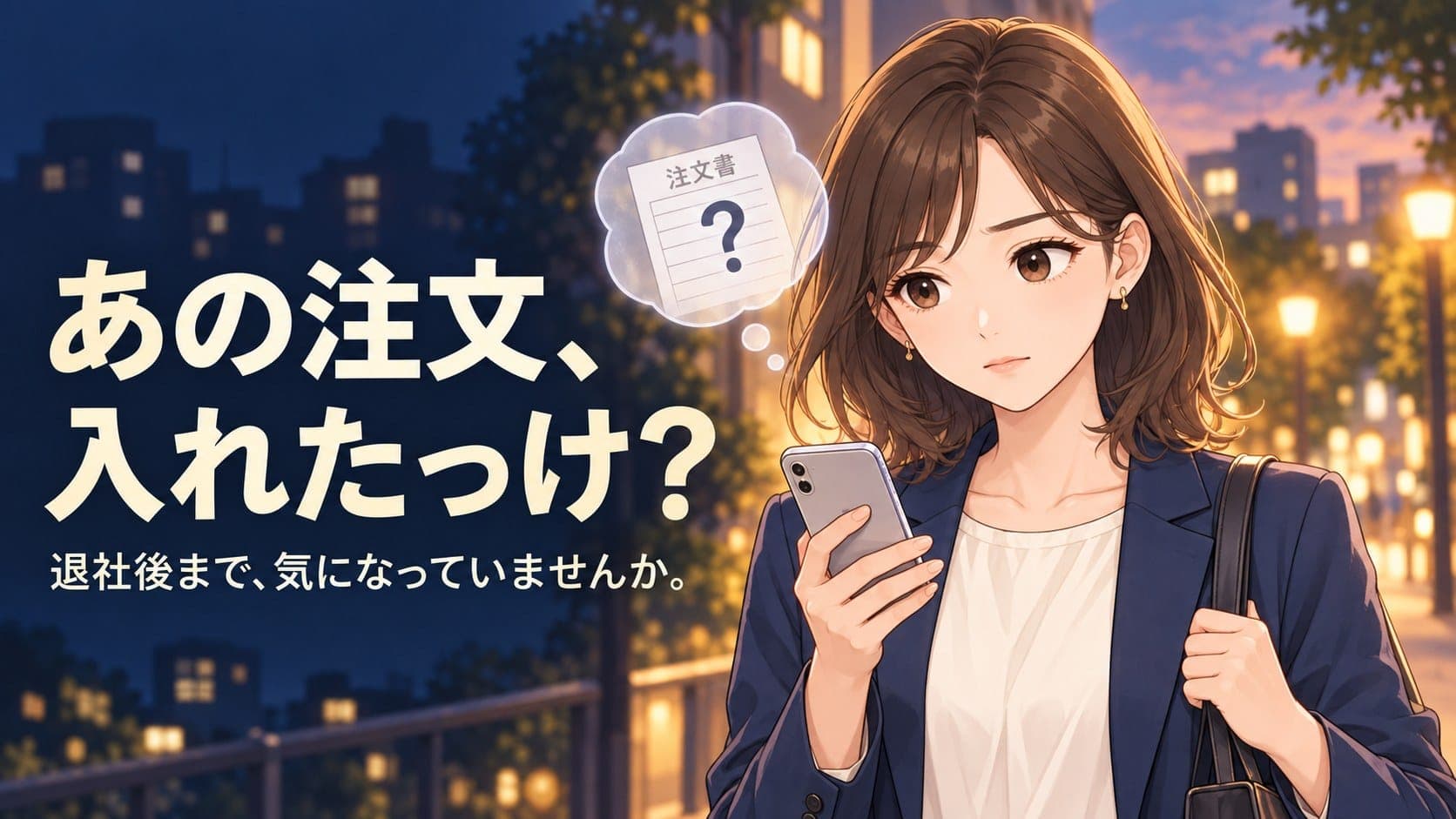 あの注文、入れたっけ？ — 退社後まで気になっていませんか。夕暮れの帰り道でスマートフォンを見ながら注文書を思い出す受注担当者