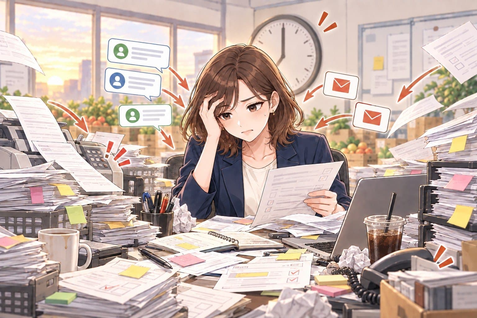 受注担当者が、FAX・チャット・メールから次々に届く注文と伝票の山に囲まれ、締切の時計を背に一人で対応している
