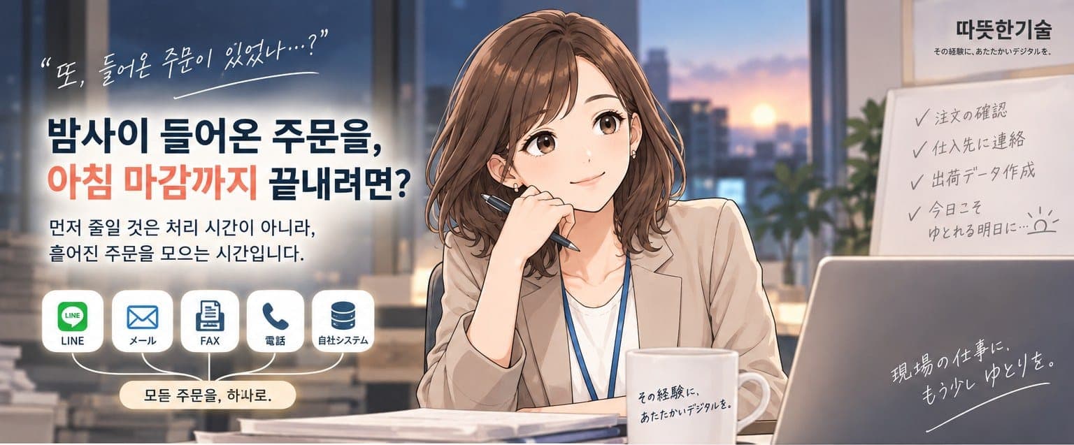밤사이 들어온 주문을 아침 마감까지 끝내려면? — LINE·메일·FAX·전화·자사 시스템으로 흩어진 주문을 하나로 모으는 이미지
