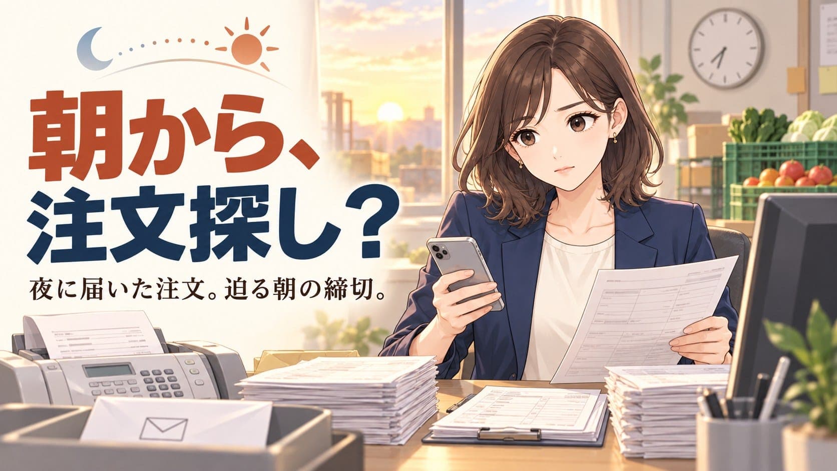 朝から、注文探し？ — 夜に届いた注文と迫る朝の締切。FAX・メール・スマートフォンに散らばった注文を確認する受注担当者