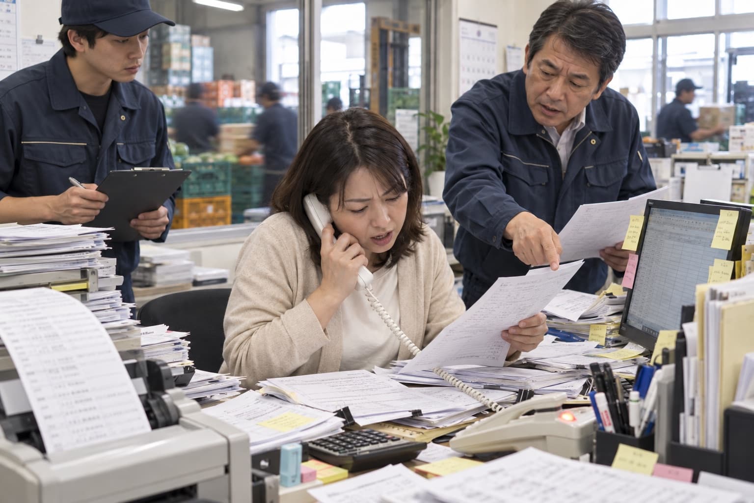 朝の受注デスク。担当者が電話を受けながら手書きの注文書を読み、机には伝票とFAXの紙が積み上がり、両脇から別の社員が書類を差し出している。