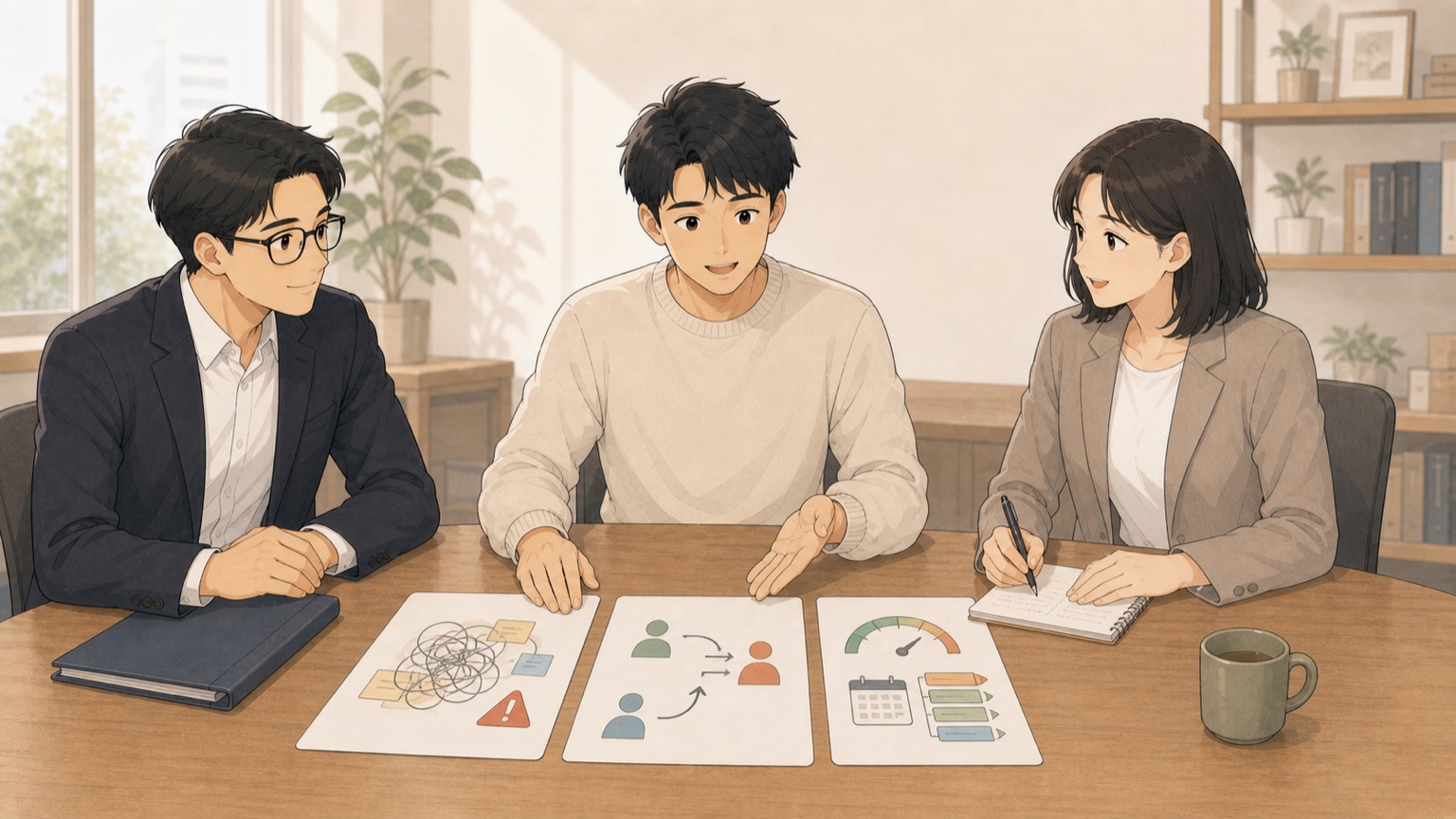 解決したい課題・利用者・優先順位の3枚のカードを前に話し合う人たち