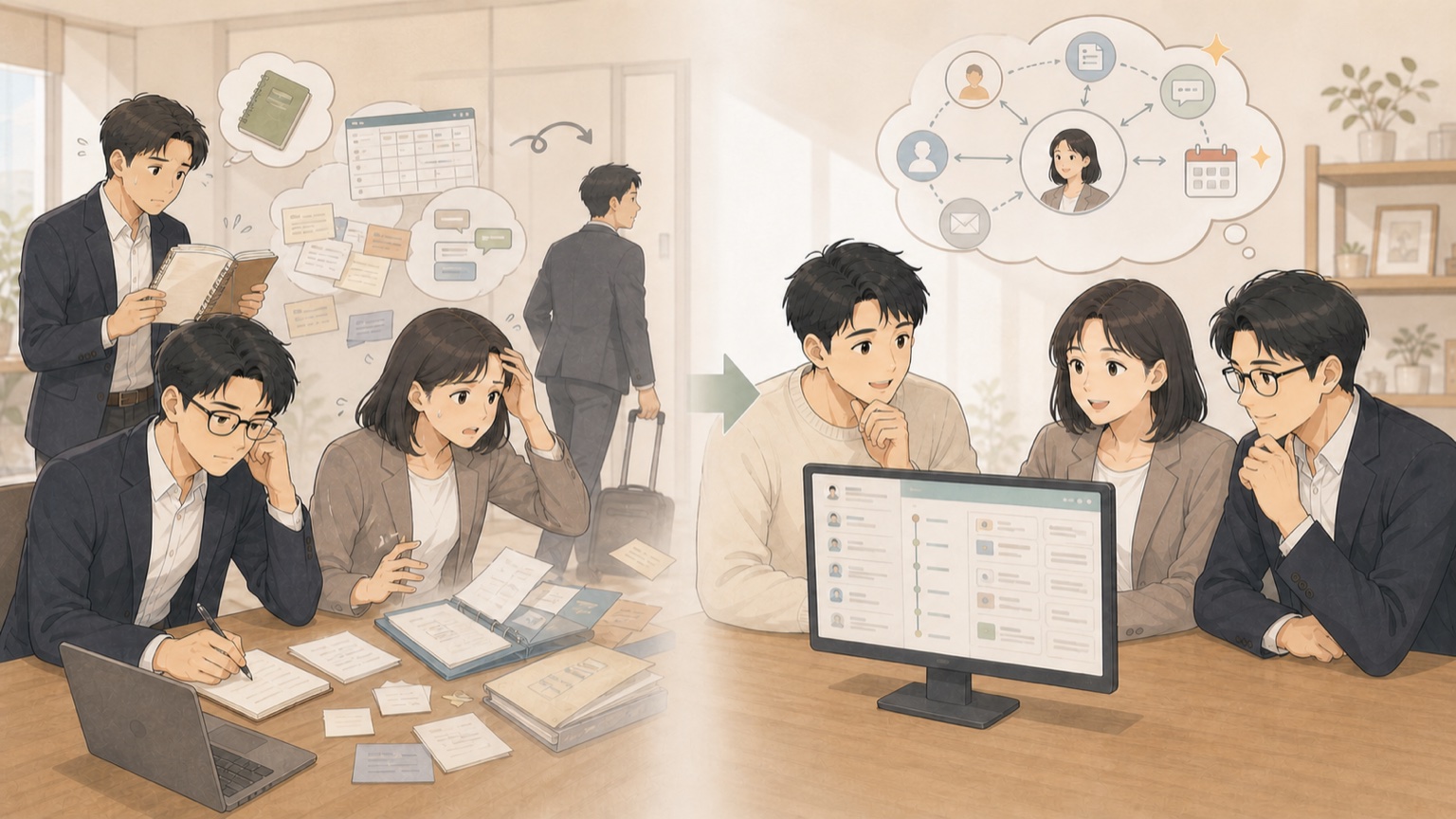 手帳や名刺で情報が散らばっていた状態と、一つの画面で顧客情報を共有できる状態の対比