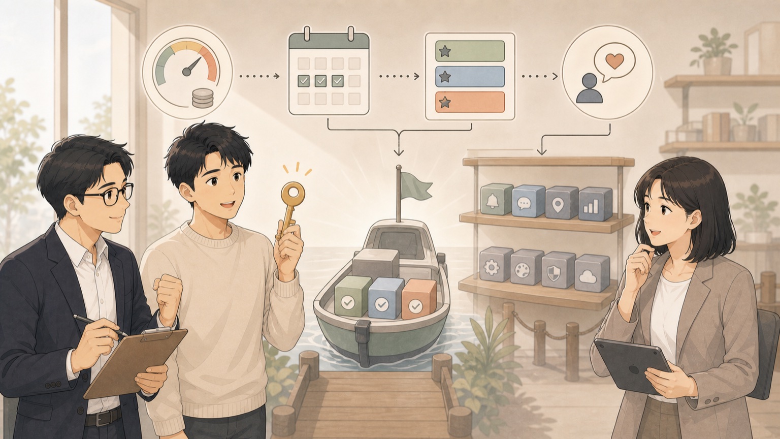 必要なものだけを載せた小さな船を先に出し、残りの機能は棚に置いたままの様子