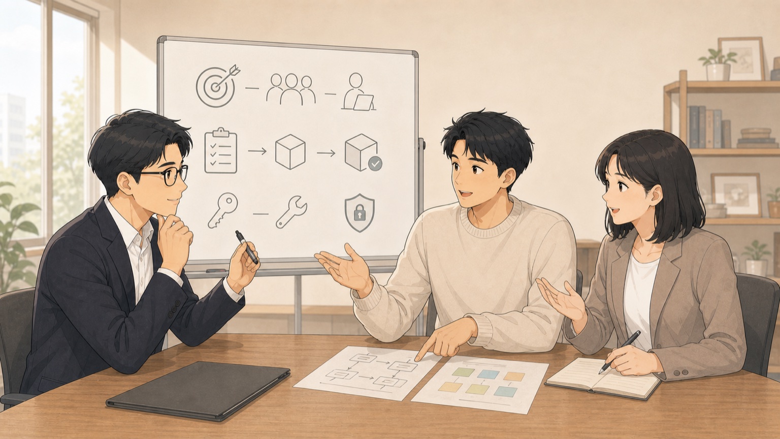 目的・利用者・検証・セキュリティをホワイトボードに書きながら先に質問する開発パートナー