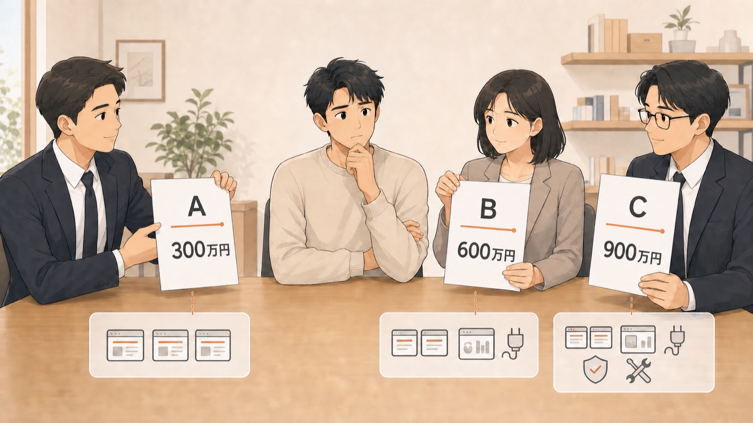 A社300万円、B社600万円、C社900万円の見積書を並べて受け取った経営者
