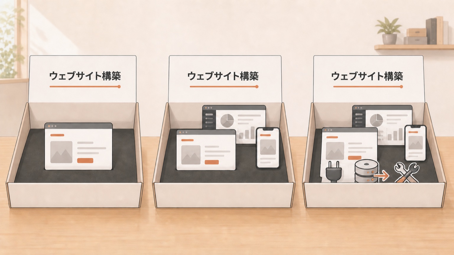 同じ名前がついているのに、中身がそれぞれ異なる3つの箱