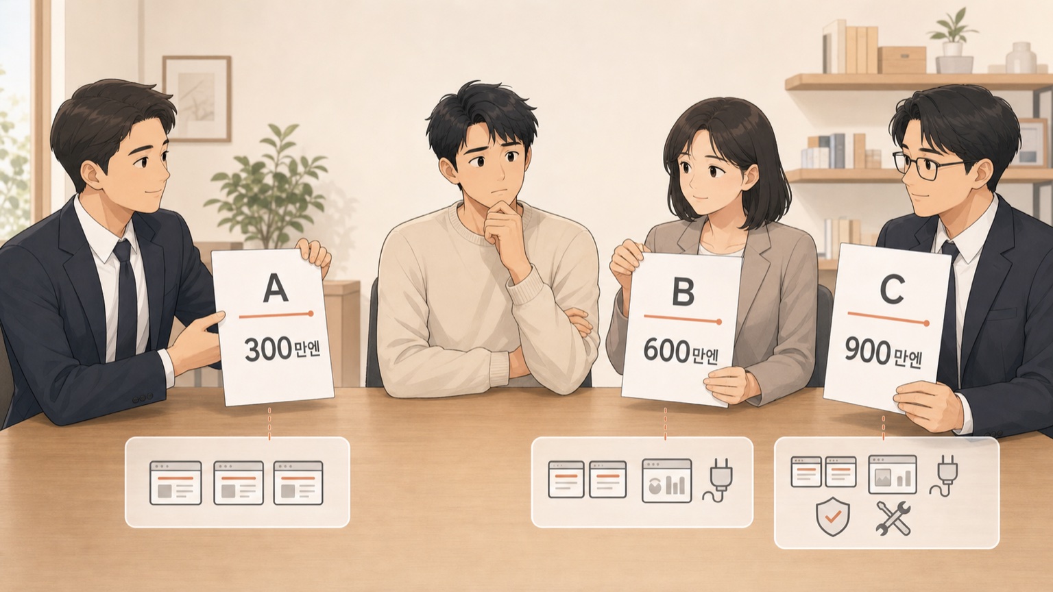 A사 300만엔, B사 600만엔, C사 900만엔 견적서를 나란히 받아 든 대표