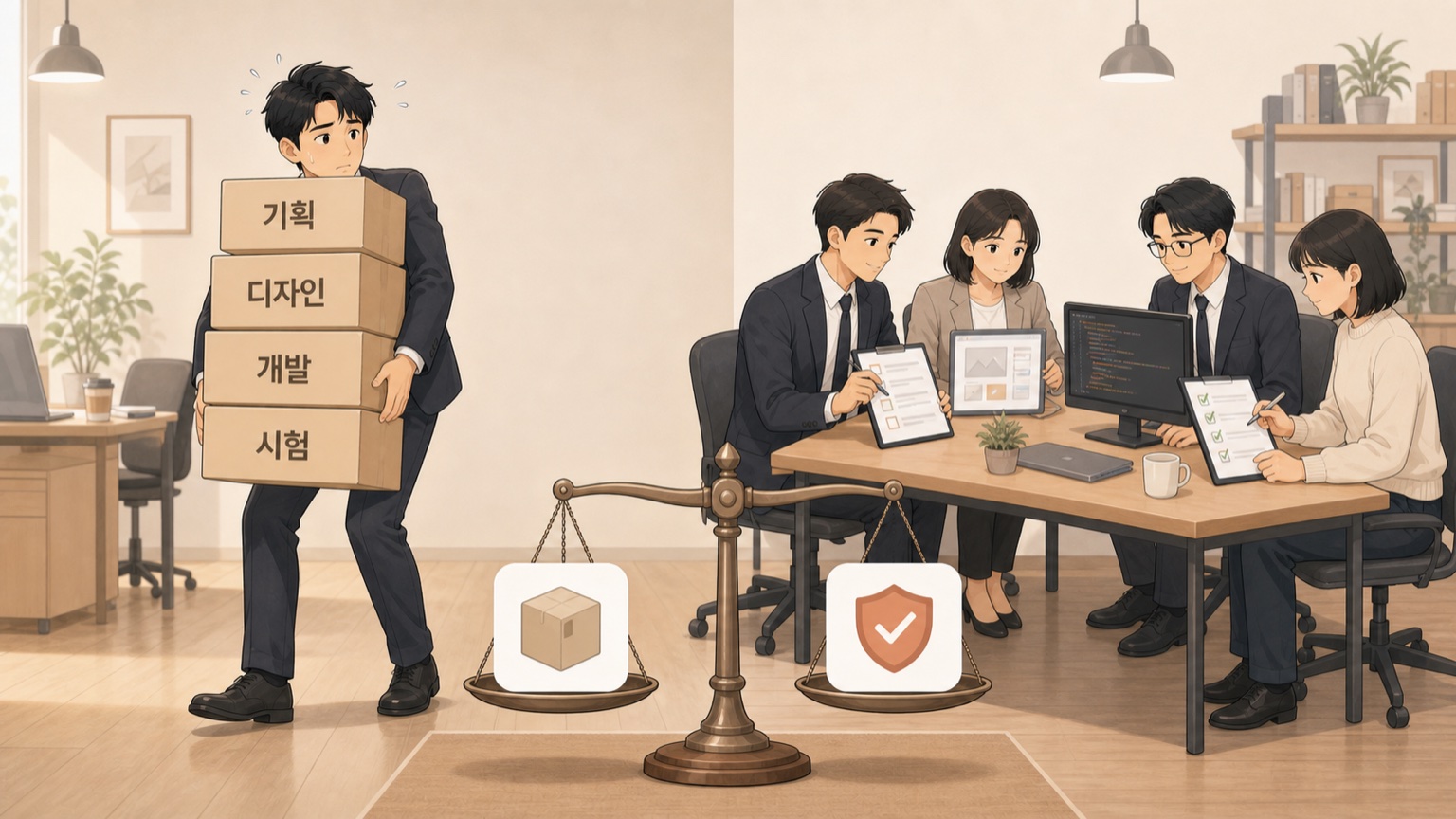 기획·디자인·개발·시험을 혼자 짊어진 사람과 역할을 나눈 팀의 대비