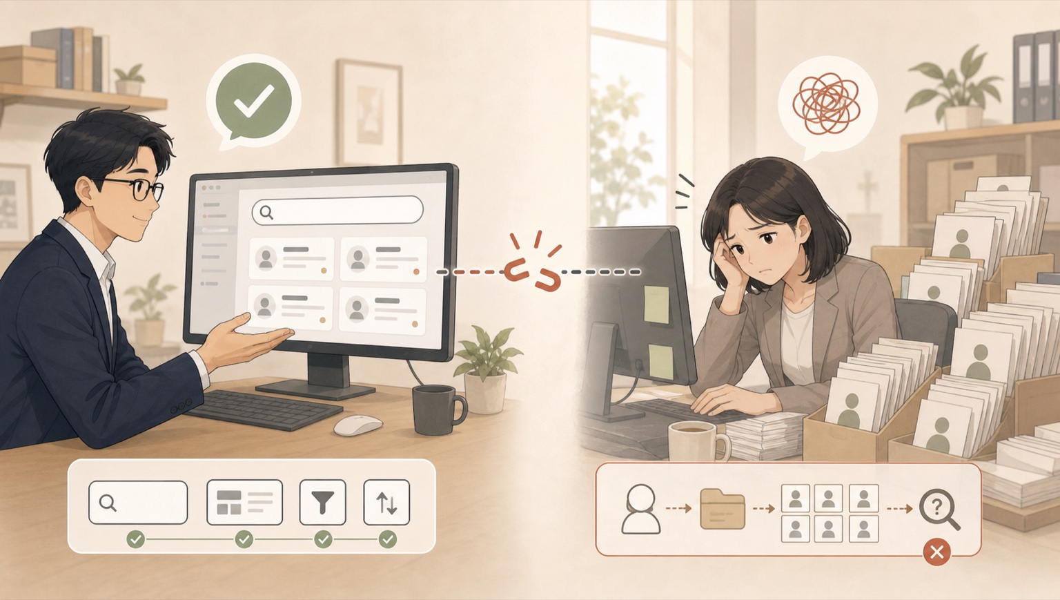 すべての機能を備えた画面と、課題が解決された状態の対比