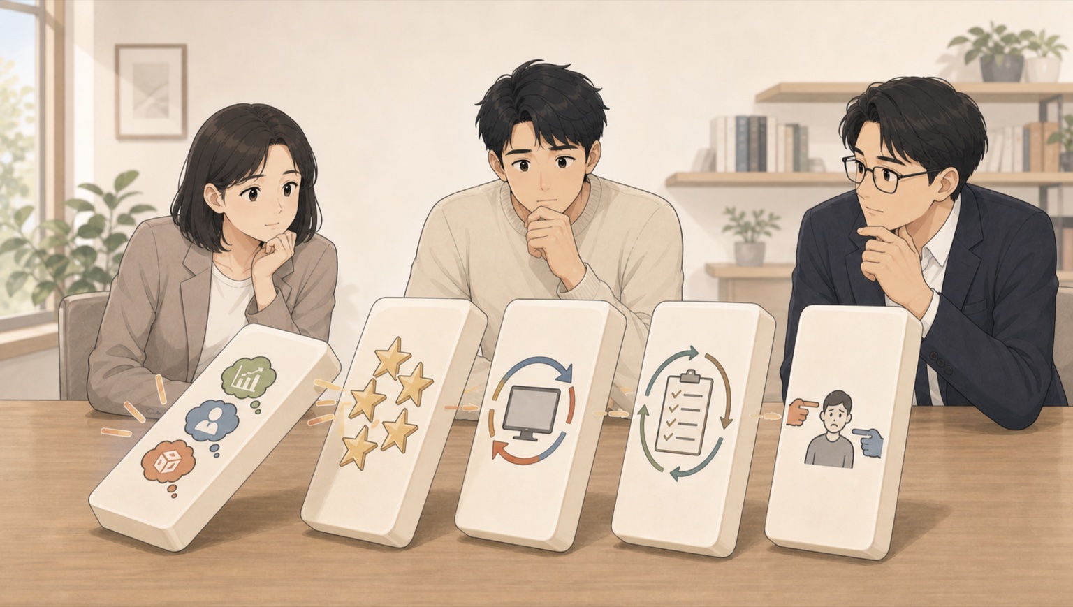 一つが倒れると次々に倒れていく5つのドミノ